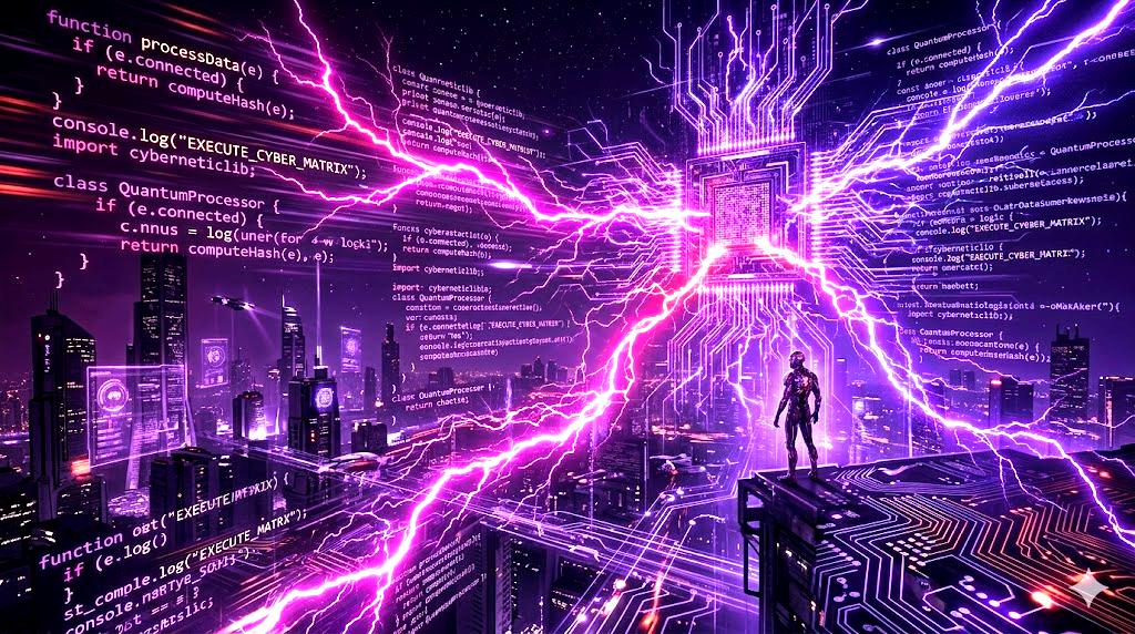 バイブコーディング時代のエンジニアの生存戦略を示す抽象的なテックイメージ