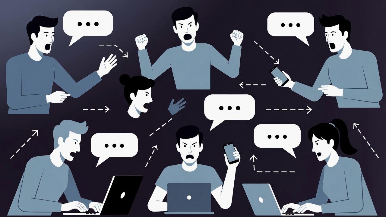 SNS上でエディタ論争が拡散する様子を表す抽象的イメージ