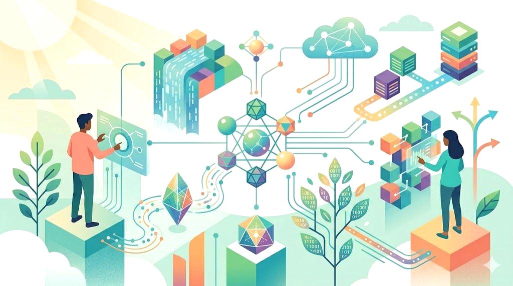 KotlinとZigのロゴが並び、Web開発のサーバー群を背景にした俯瞰図