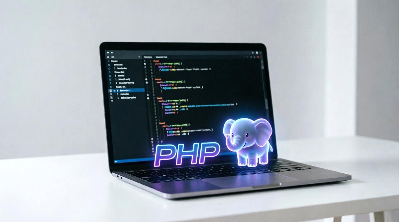 古いPHPコードが表示されたモニターと、セキュリティ警告のポップアップが重なるイメージ