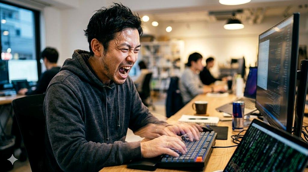 Dockerコマンドの多さに混乱するプログラマーがデスクトップで資料を調べている様子