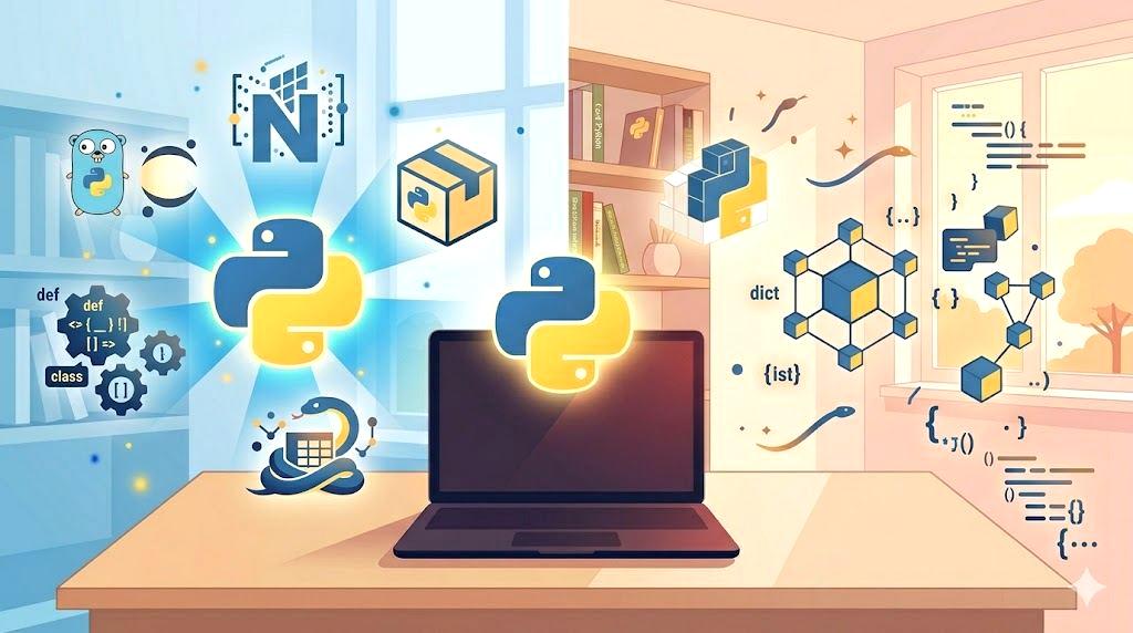 Pythonの実行中コード書き換えを検討する開発者のイメージ