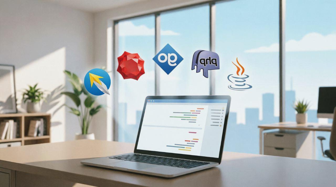 RubyとScalaのロゴを天秤に乗せ、背景に開発規模を示す建築物とデータフローを配置した比較記事のアイキャッチ