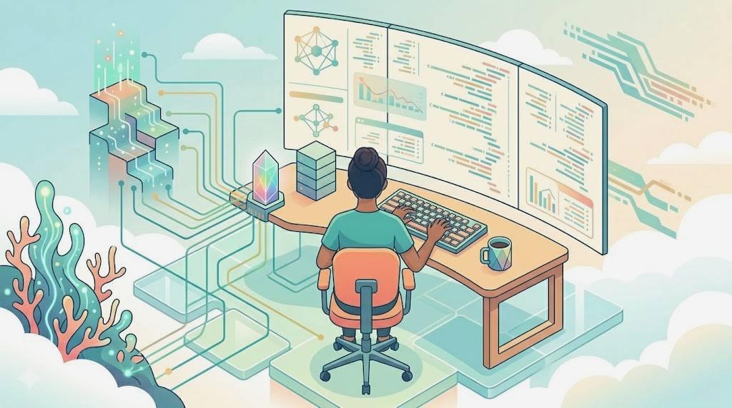 Objective-Cのソースコードが表示されたiMacの画面と年収グラフ