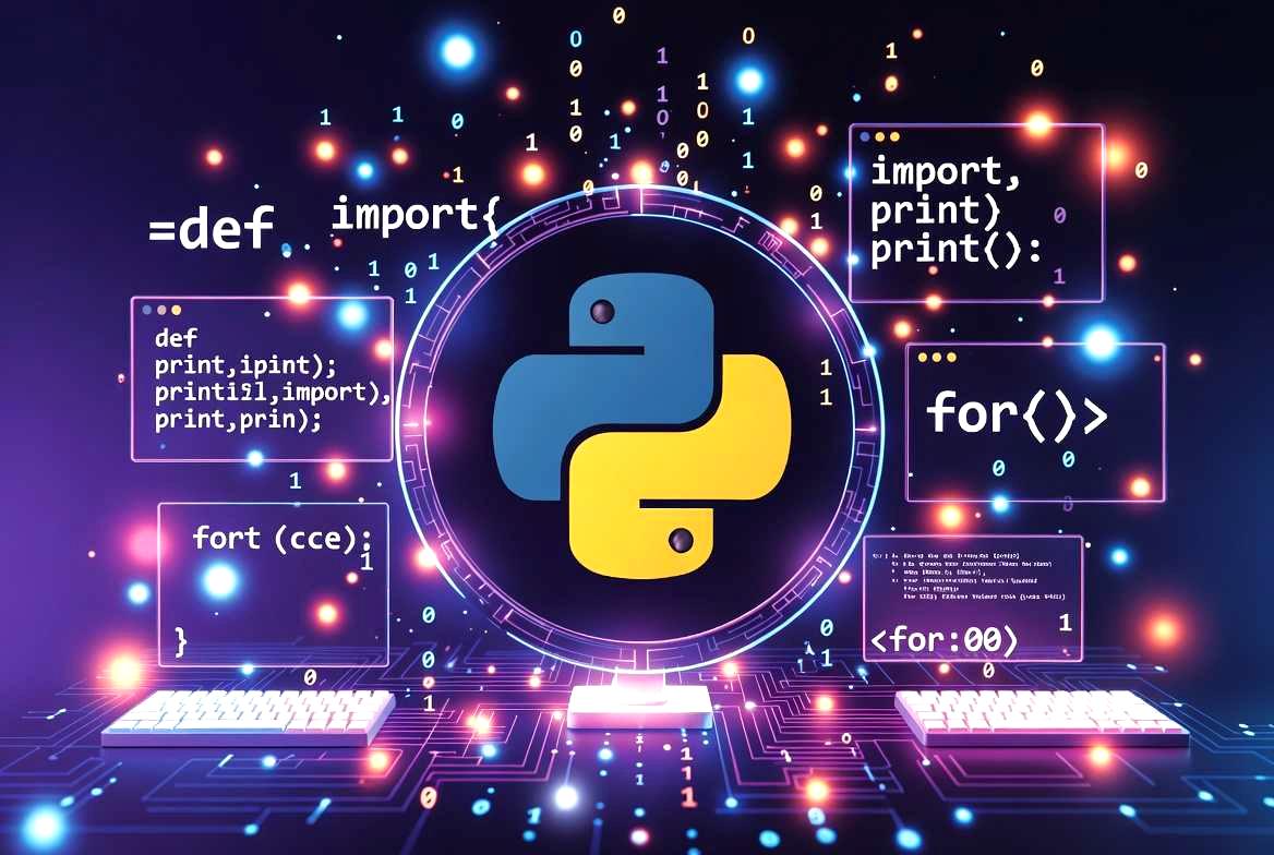 Pythonのコードが並び、その横にAIアシスタントがコード補完しているイメージ