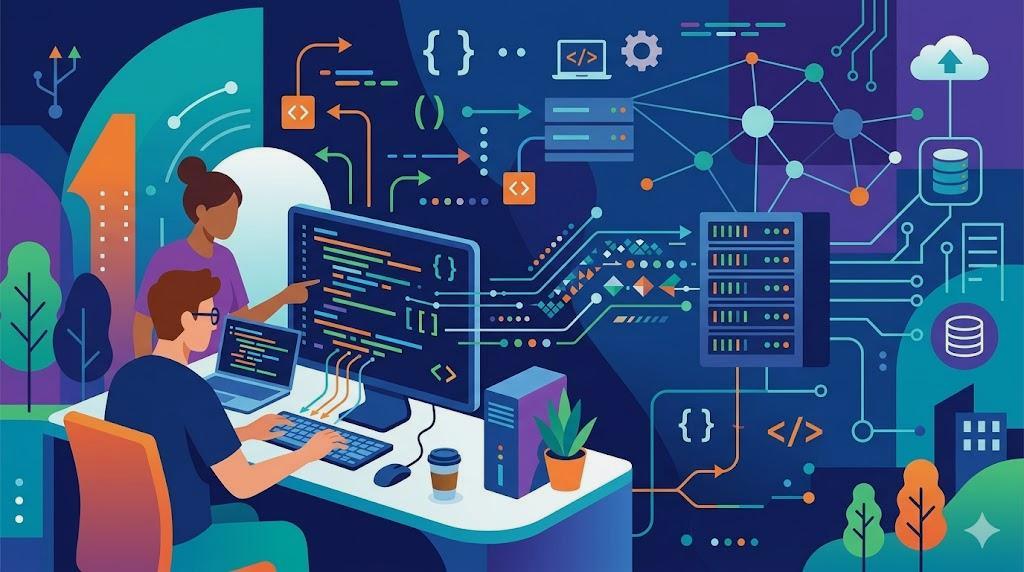 KotlinとCOBOLの特徴を比較しながらWeb開発の方向性を考えるイメージ